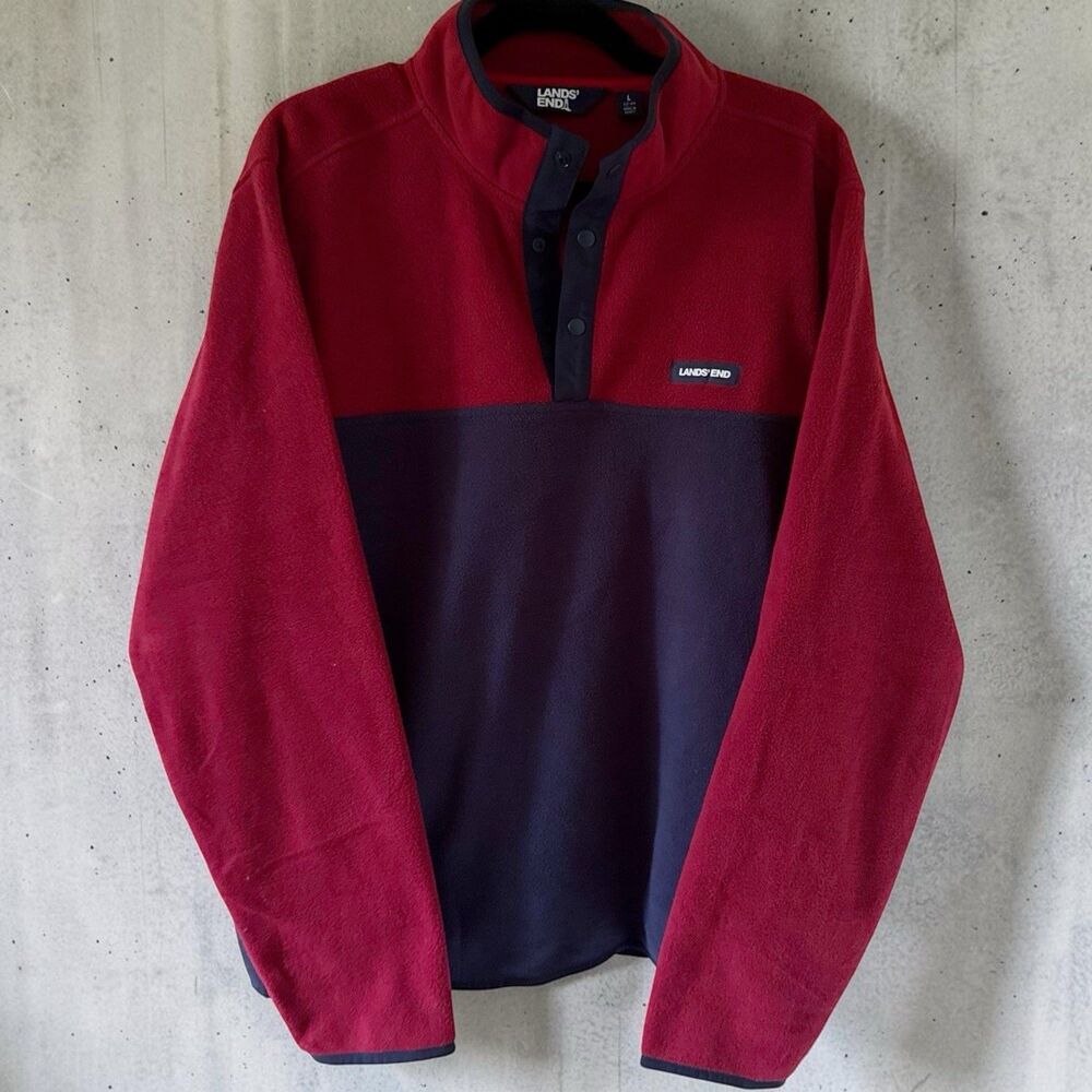 Lands’ End Fleece Jacket Men’s Snap Pullover L Red Navy Blue Heritage Oeko-Tex